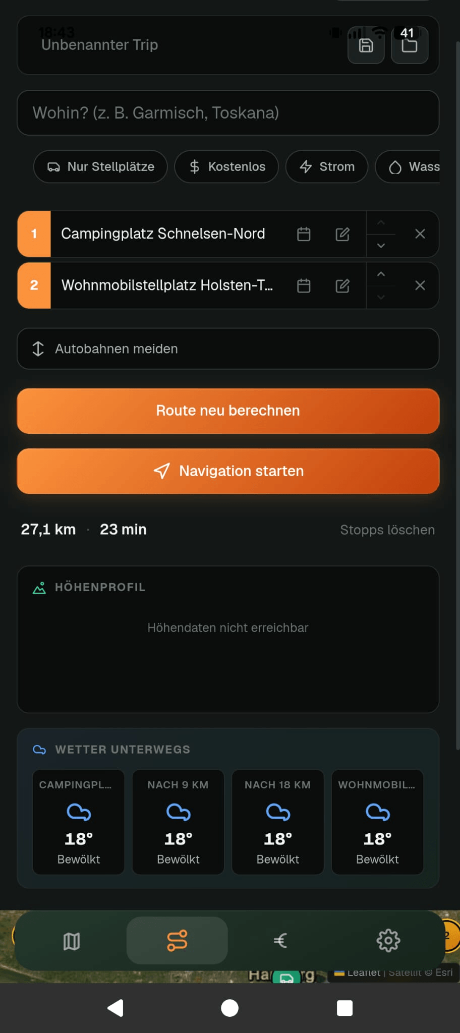 Route mit Wetter und Höhenprofil